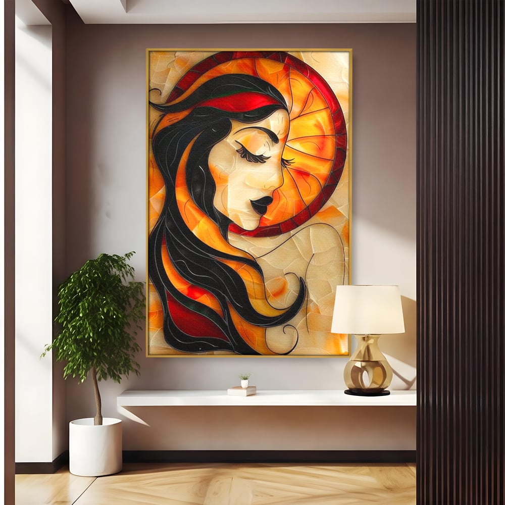 Tablou canvas cu tablou canvas cu profil de femeie stil vitraliu, in rama de aluminiu auriu